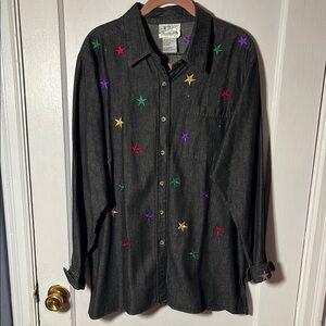 Quaker Factory Large Button Front Black Star-Embroidered Shirt Cotton Rainbow L